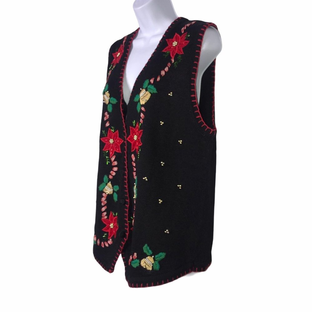 Vintage Ship N’ Shore Poinsettia Ugly Christmas Holiday Cardigan Sweater Vest L - Picture 6 of 9